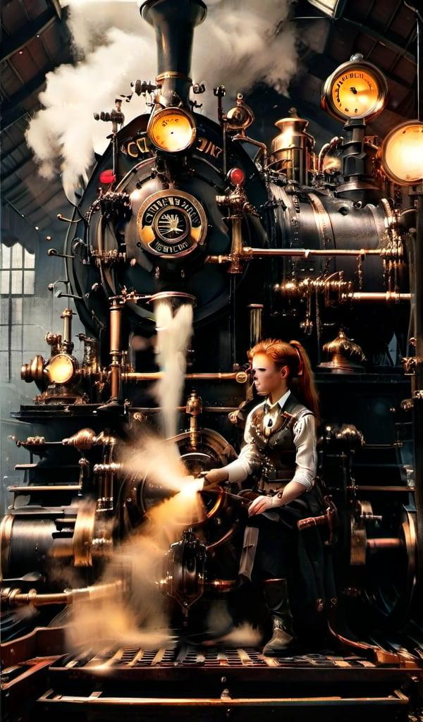 score_9, score_8_up, score_7_up, photorealistic, perfect anatomy, realistic character, hyper photorealism, very high contrast photograph, street photography, cinematic lighting, dramatic lighting, (((a girl, ginger with googles is repairing a steam engine in the steamy smoky workshop))), (a 19 yo girl, (redhead:1.1)), very cute, (perfect eyes:1.1), photorealistic wavy hair, a girl in a steampunk jumpsuit in light gray color, intercom headset, steampunk choker, cowboy shot, perfect detailed face, detailed symmetric green eyes, fixing a steam engine in the steampunk garage filled with steam and smoke, cogs and gears, steamy background with lots of steam pipes and steam valves and pressure gauges and gears, intricate background, very highly detailed costume, very highly detailed background, steampunk fantasy style, steampunk , steampunk aesthetic, steamy, smoky,SteamPunkNoireAI