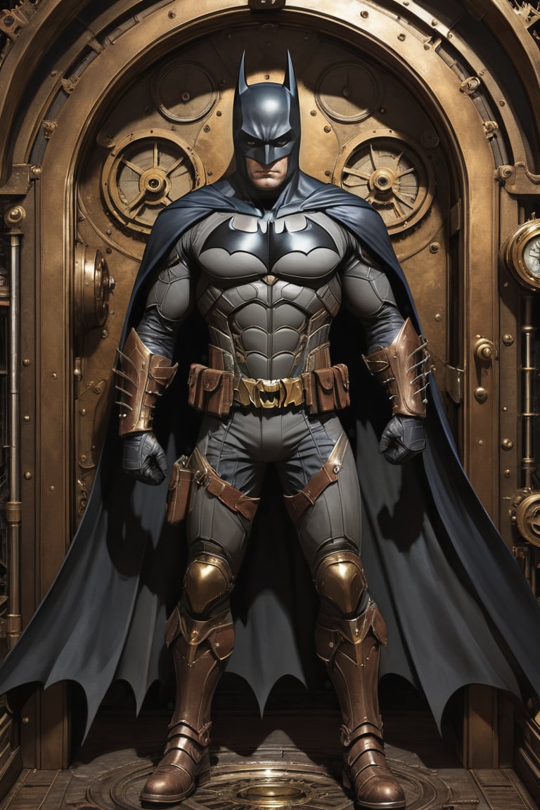 ((Batman of DC comics illustration in steampunk stile,)) ((full body view.)) (( Action pose)) (Masterpiece, Best quality), (finely detailed eyes), (finely detailed eyes and detailed face), (Extremely detailed CG, intrincate detailed, Best shadow), conceptual illustration, (illustration), (extremely fine and detailed), (Perfect details), (Depth of field), in the door of a wilding background,more detail XL