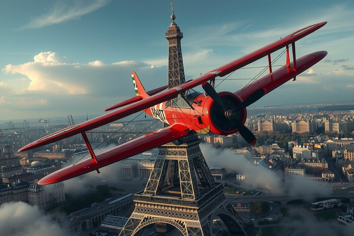 photo of a steampunk Red Baron aiplane, 1930s, 
The fighter airplane is detailed and complex with lots of metal and cable rigging and multiple diesel turbofans along the perimeter of the dual machine guns, these weapons are pointed to the front 
Flying above the city of Paris, eifel tower been  under construction, 