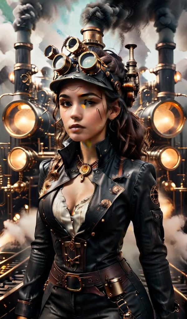 score_9, score_8_up, score_7_up, photorealistic, perfect anatomy, very high contrast photograph, street photography, cinematic lighting, dramatic lighting, 1girl, brunete with googles is repairing a steam engine in the steamy smoky workshop))), (a 19 yo girl, very cute, (perfect eyes:1.1), wavy hair, a girl in a steampunk jumpsuit in light gray color, intercom headset, steampunk choker, cowboy shot, perfect detailed face, detailed symmetric green eyes, fixing a steam engine in the steampunk garage filled with steam and smoke, cogs and gears, steamy background with lots of steam pipes and steam valves and pressure gauges and gears, intricate background, very highly detailed costume, very highly detailed background, steampunk fantasy style, steampunk , steampunk aesthetic, steamy, smoky,SteamPunkNoireAI