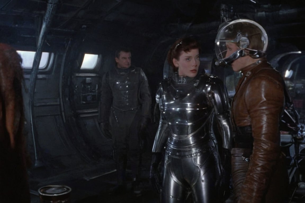 A tense standoff unfolds within the foggy confines of a retro-futuristic spaceship. Fritz Lang's protagonist stands firm, clad in worn leather and goggles, as two women and one man clad in steam-powered armor prepare for battle against an otherworldly foe. A striking female figure, donning a metallic spacesuit and 1910-era hairstyles, fixes her gaze on the encroaching extraterrestrial threat. Amidst the chaos, she remains steadfast. The dimly lit interior is illuminated only by the eerie glow of the moonlit metropolis visible through the portholes, casting an ominous light on the impending conflict.