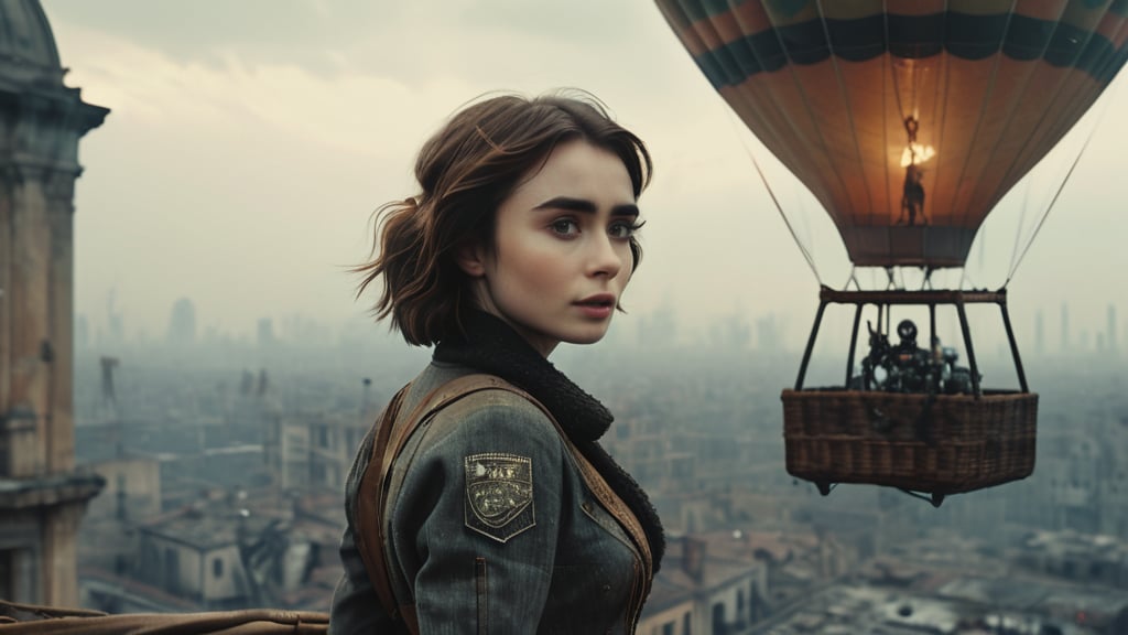 (((sexy cyberpunk android Lily Collins flies in a huge hot air balloon with a cybernetic robot eagle))), ((vintage dystopian sky over the ruined city background)), ((lighting dust particles)), horror movie scene, best quality, masterpiece, (photorealistic:1.4), 8k uhd, dslr, masterpiece photoshoot, (in the style of Hans Heysen and Carne Griffiths),shot on Canon EOS 5D Mark IV DSLR, 85mm lens, long exposure time, f/8, ISO 100, shutter speed 1/125, award winning photograph, facing camera, perfect contrast,cinematic style