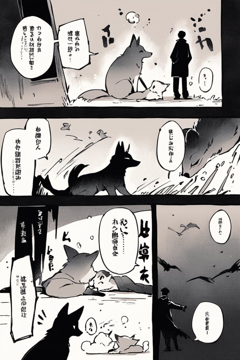 A masterpiece, ink painting, extremely thin, thin line illustration, 1boy, extremely thin and beautiful, he felt more lonely than usual, the words spilled out, it seems he has 1pet fox, so let them be at least, comic, manga