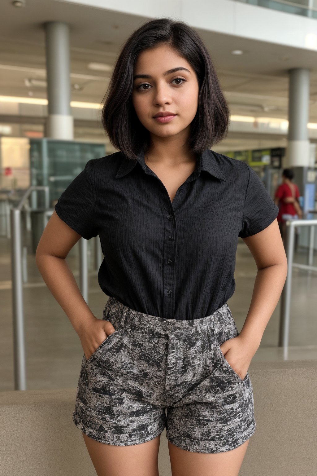 A photorealistic portrait of an 25-year-old Indian girl with captivating beauty, her hair styled in a chic bob and dyed ,wearing cord patterned black shirt and and cotton shorts, curvy body, chic bob hair style, , at  platform airport,The girl's expression should be peace and contentment, showcasing her enjoyment of the moment , front view,she is putting her hands on hips, 

,SD 1.5