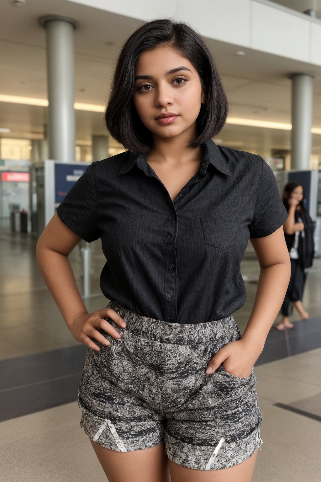 A photorealistic portrait of an 25-year-old Indian girl with captivating beauty, her hair styled in a chic bob and dyed ,wearing cord patterned black shirt and and cotton shorts, curvy body, chic bob hair style, proper fingers,proper hands, at  platform airport,The girl's expression should be peace and contentment, showcasing her enjoyment of the moment , front view,she is putting her hands on hips, 

,SD 1.5