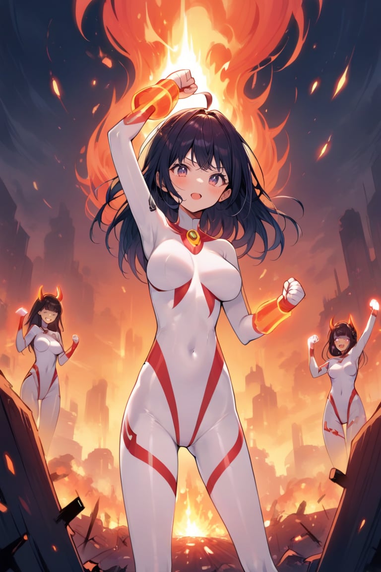 ultragirl miya, white bodysuit, fire, arm up, clenched hands, open mouth, organsm, defeat, 