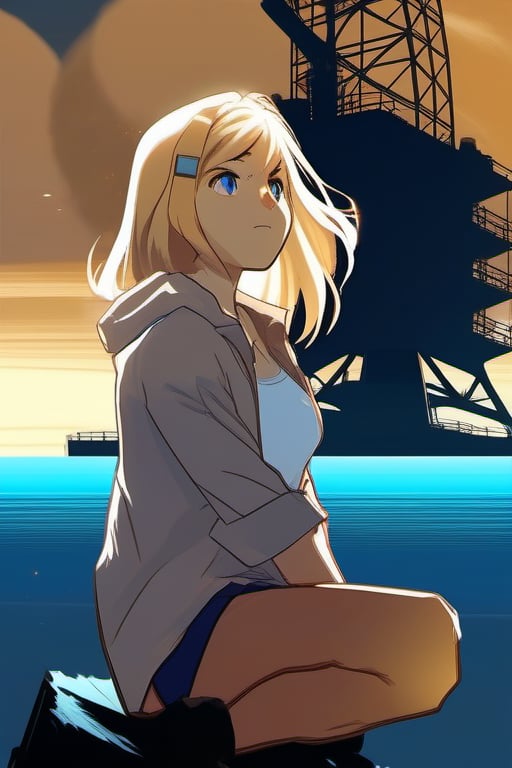 Portrait classic style Video game anime blond woman crouching on ground hands on tattered portrait on shoulders on blue night sky
On oil platform
Windy, dusty, foggy, sparks, smoke, scintillations, clouds
