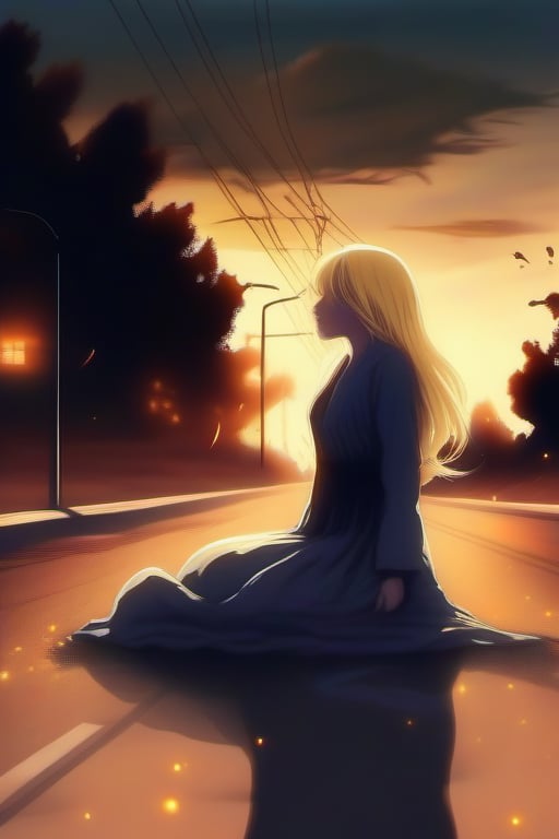 Anime blond woman Spiritualist medium sleeping on asphalt on highway possessed by ghost
Sunset, Dusty, rusty, windy, scintillations, smoke, sparks, foggy, particles, 
