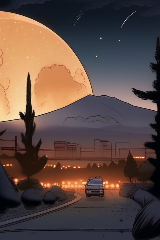 A monochromatic anime-inspired scene depicts a desolate parking lot bathed in the warm glow of fire orbs suspended above Mount Tabor's rugged terrain. Dusty, rusty hues dominate the landscape as windy scintillations swirl amidst smoke and sparks. Foggy particles dance through the air, obscuring the blue trees that stretch towards the dark starry night sky. In the distance, clouds part to reveal a crescent moon bathing the scene in its silvery rays.