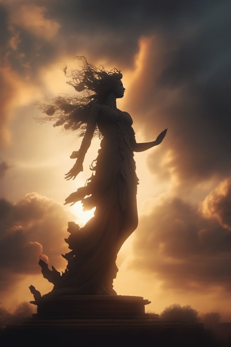 Monochromatic Anime Dryad statue
Big clouds are opening, there is a sun beam of light fringe anointing spilling on the top. 
Sunset, windy, foggy, rusty, smoke, dusty, particles, sparks, scintillations, ancient ruins