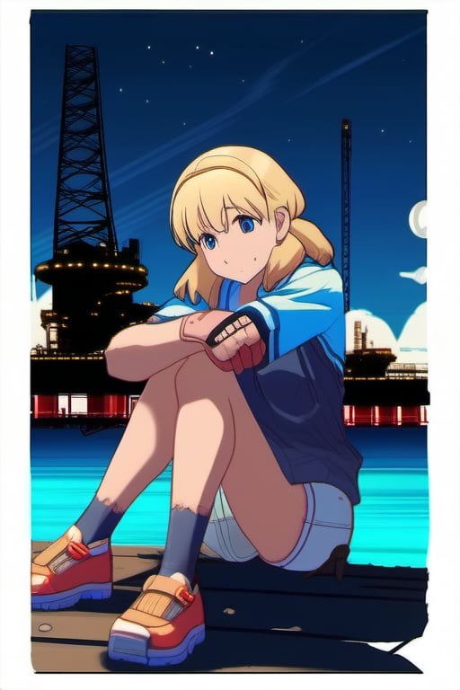 Portrait classic style Video game anime blond woman crouching on ground hands on tattered portrait on shoulders on blue night sky
On oil platform

