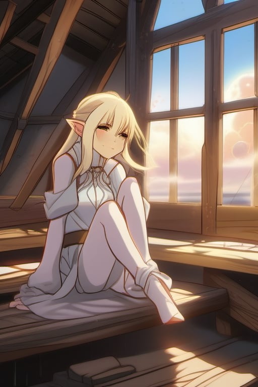 Anime Blond elf girl lounging on Monochrome anime ancient wood attic, Dusty, rusty, windy, scintillations, smoke, sparks, foggy, particles, Big clouds are opening, there is a sun beam of light fringe anointing spilling on the top 