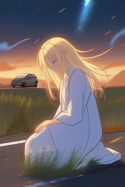 Anime blond woman Spiritualist hugging ground on asphalt on highway car crash debris accident possessed by ghost on trance
Sunset, Dusty, rusty, windy, scintillations, sparks, foggy, particles, grass fields, blue flowers

