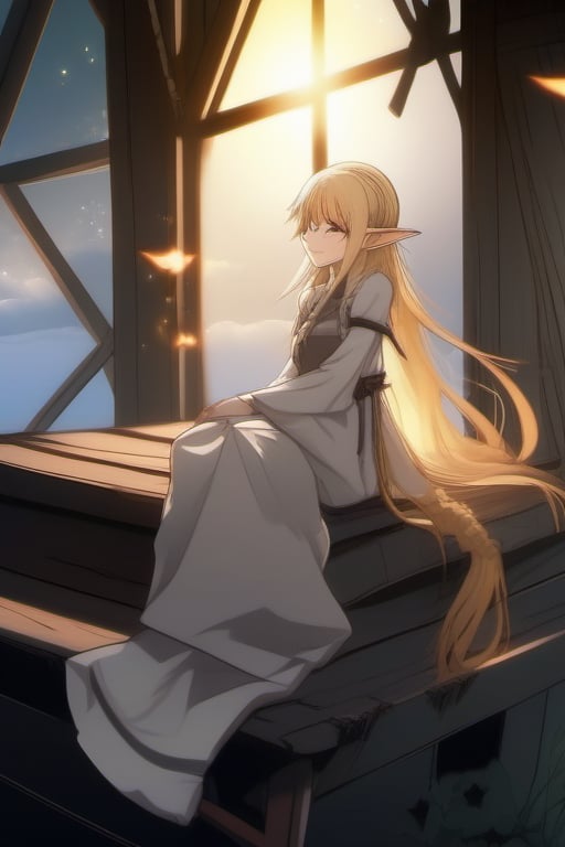 Anime Blond elf girl lounging on Monochrome anime ancient wood attic, Dusty, rusty, windy, scintillations, smoke, sparks, foggy, particles, Big clouds are opening, there is a sun beam of light fringe anointing spilling on the top 