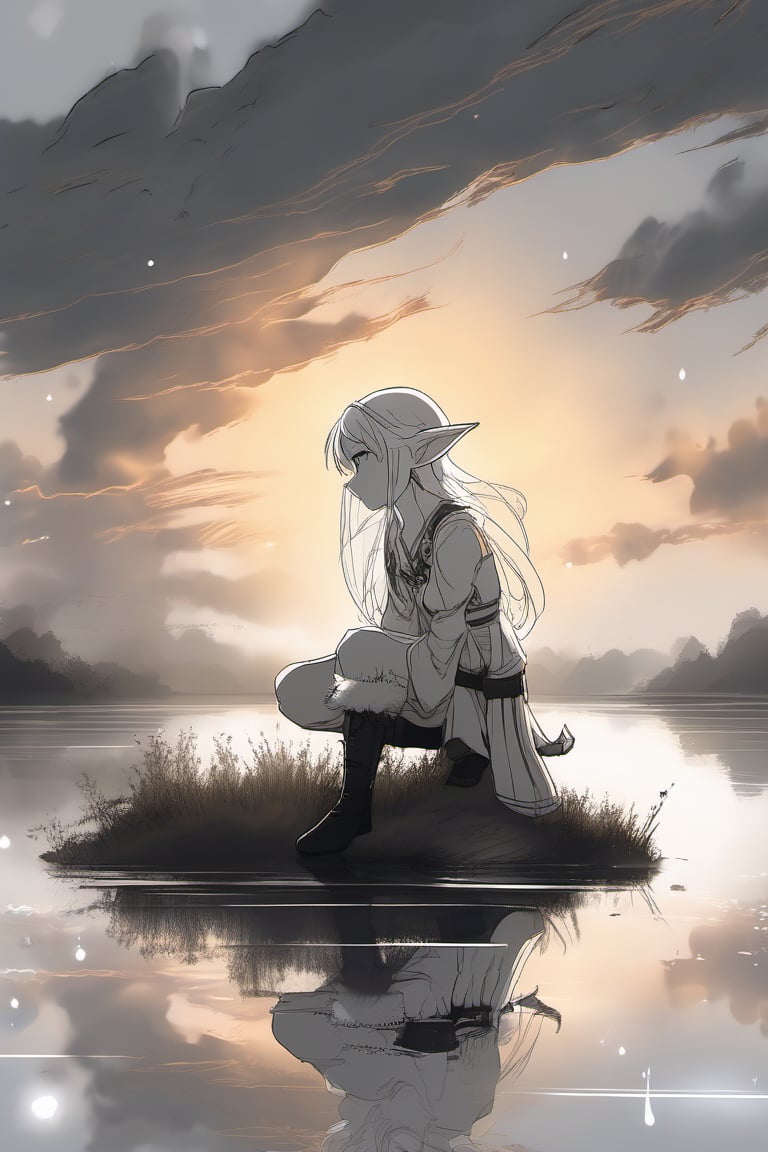 Monochrome anime elf crouching on tundra field on the water down the river white mirror milky water
 Sunset, Dusty, rusty, windy, scintillations, smoke, sparks, foggy, particles, Big clouds are opening, there is a sun beam of light fringe anointing spilling on the top 

 