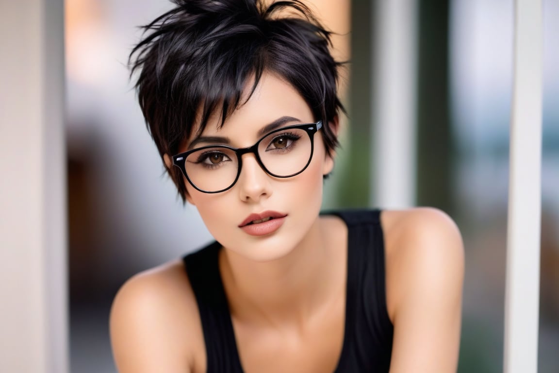 a beautiful woman perfect face, short messy black pixie hair, brown eyes wearing glasses, sexy lips wearing black tank top, looking at camera