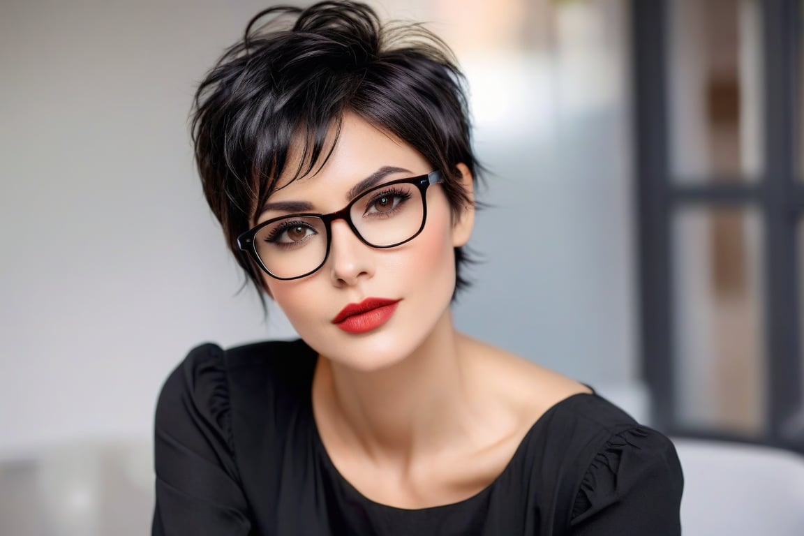 a female doctor beautiful face short messy pixie black hair, brown eyes wearing glasses, sexy lips wearing black blouse, looking at camera