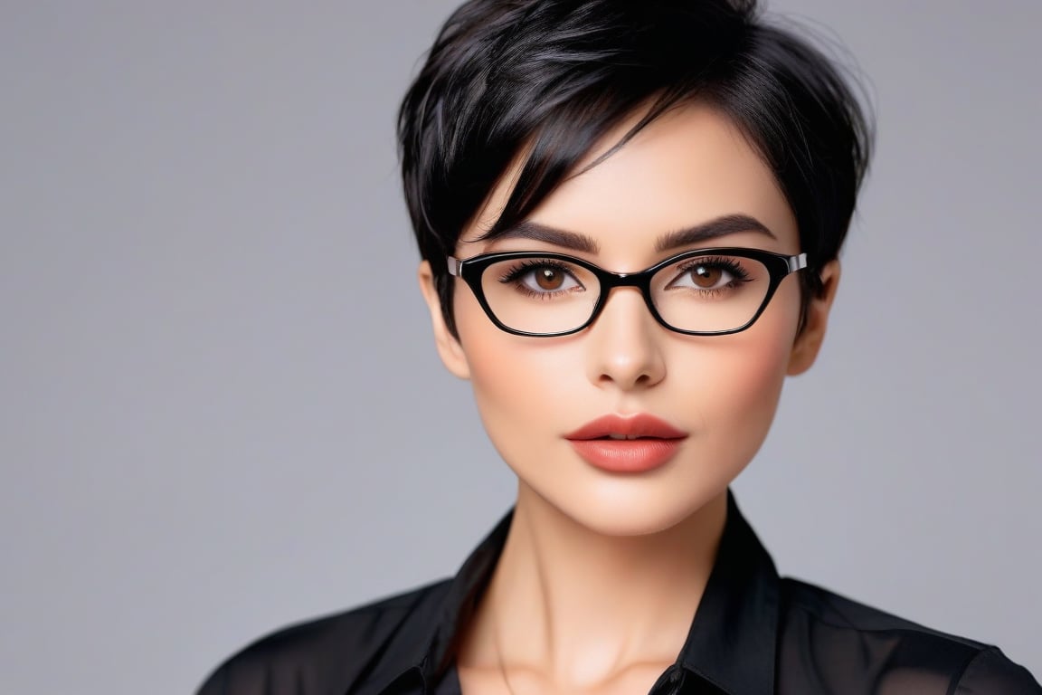 a female doctor beautiful face short black pixie hair, brown eyes wearing glasses, half-open lips, sexy expression, wearing black blouse, looking at camera