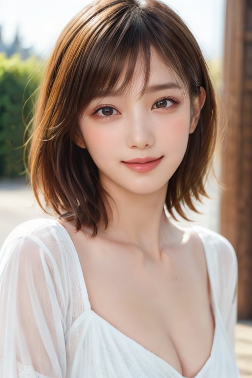 masterpiece, best quality, 1 girl, solo, white shirt, 
brown hair, light eyebrows, 
sunlight, outdoor, beach, japanese, beautiful, medium hair,  bangs, looking at viewer,  gentle smile, upper body,
beautiful detailed eyes, sparkling eyes,
medium breasts, cleavage, Best Quality, 32k, photorealistic, ultra-detailed, finely detailed, pale skin, detailed skin texture, beautiful fingers, beautiful hands, beautiful fingertip, beautiful nail, high resolution, perfect dynamic composition, beautiful detailed eyes, sharp-focus,Honda Tsubasa