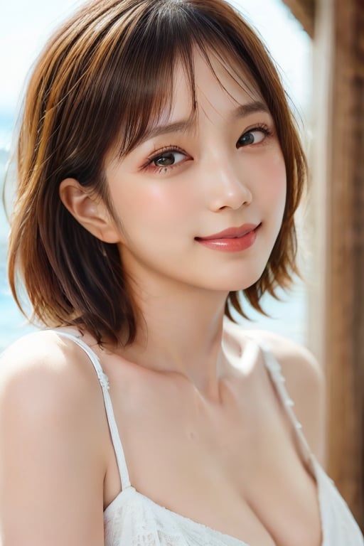 masterpiece, best quality, 1 girl, solo, white shirt, 
brown hair, light eyebrows, brown eyes,
sunlight, outdoor, beach, japanese, beautiful, medium hair,  bangs, looking at viewer,  gentle smile, upper body,
beautiful detailed eyes, sparkling eyes,
medium breasts, cleavage, Best Quality, 32k, photorealistic, ultra-detailed, finely detailed, pale skin, detailed skin texture, beautiful fingers, beautiful hands, beautiful fingertip, beautiful nail, high resolution, perfect dynamic composition, beautiful detailed eyes, sharp-focus,Honda Tsubasa