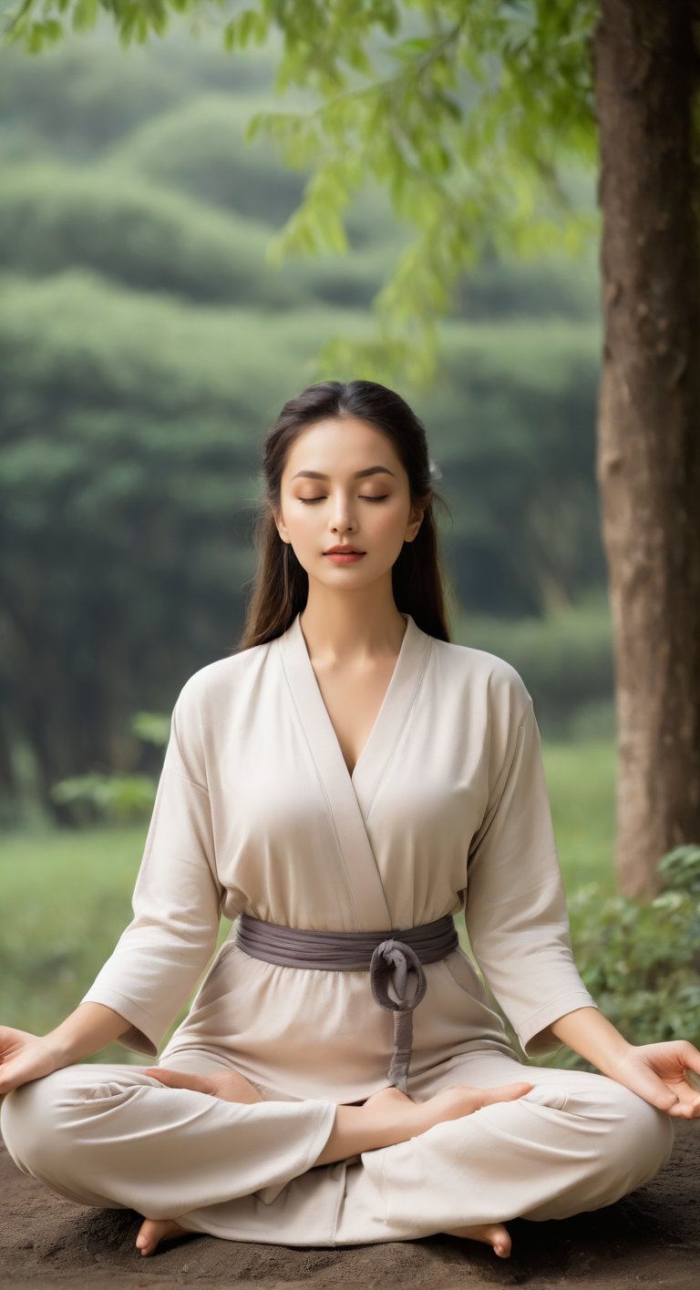 The beautiful girl sit on earth and she wearing meditation clothes and do meditation  