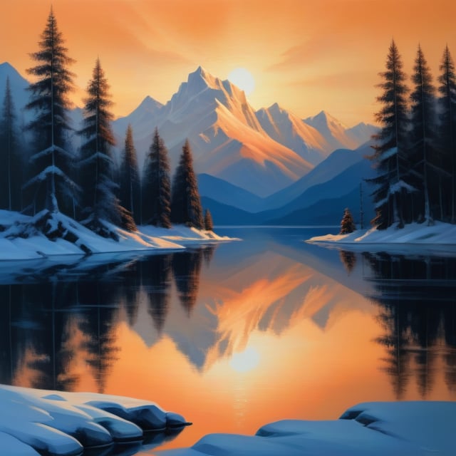 masterpiece, high quality, deep shadow, in the dark, oil painting style, sunset over a snow mountainous landscape, ((The sky glows pale orange and blue)), Forest and trees turn orange, Mountains and sky reflected on the surface of the lake,oil painting