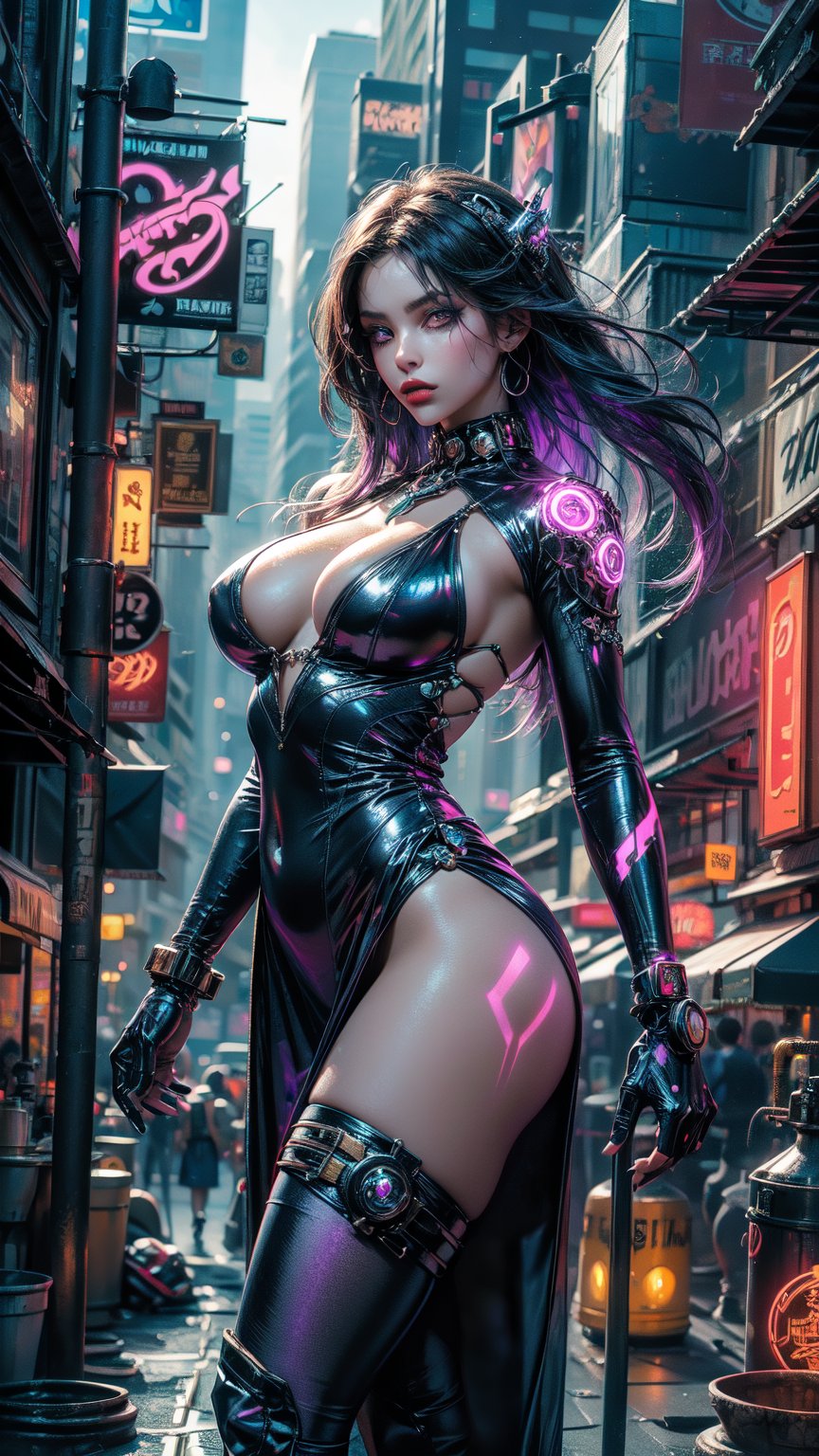 A holographic  cyberwitch stands at the edge of a rooftop, neon-drenched metropolis sprawled out behind her. Metallic limbs glowing with an otherworldly aura, she poses confidently against a backdrop of towering skyscrapers. Indigo and purple hues cast a moody lighting, accentuating her cybernetic eyes' intensity.