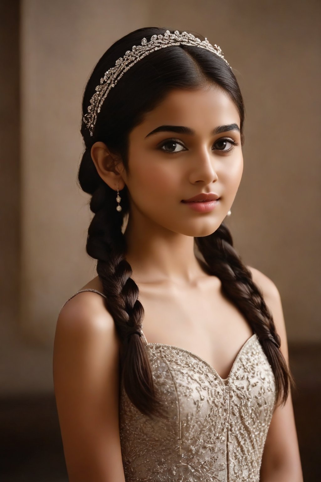 A breathtakingly beautiful 18-year-old girl named Anikha, who is the epitome of elegance and charm. She stands out as the central focus of this ultra-detailed, 8K resolution masterpiece with a perfect score of 9 and a UHD rating of 1.3. Her delicate facial features are captured with a stunning realism that's amplified by a majestic score of 1.5, making her appear as if she's stepped out of a high-definition dream. Her skin glows with a soft blush, perfectly accentuating her detailed, natural beauty. Her eyes, a rich brown, are filled with a blissful vibe, reflecting the cinematic lighting that surrounds her. They are so realistic and sharp that they seem to hold secrets of the universe within them. The exquisite twin braids of her long, shining hair are adorned with a hair ornament that adds an extra touch of elegance to her already flawless look. The background, a canvas of blurred perfection with a score of 1.7 for background blur, showcases an intricate peacock feather design that complements the overall aesthetic without overwhelming the main subject.