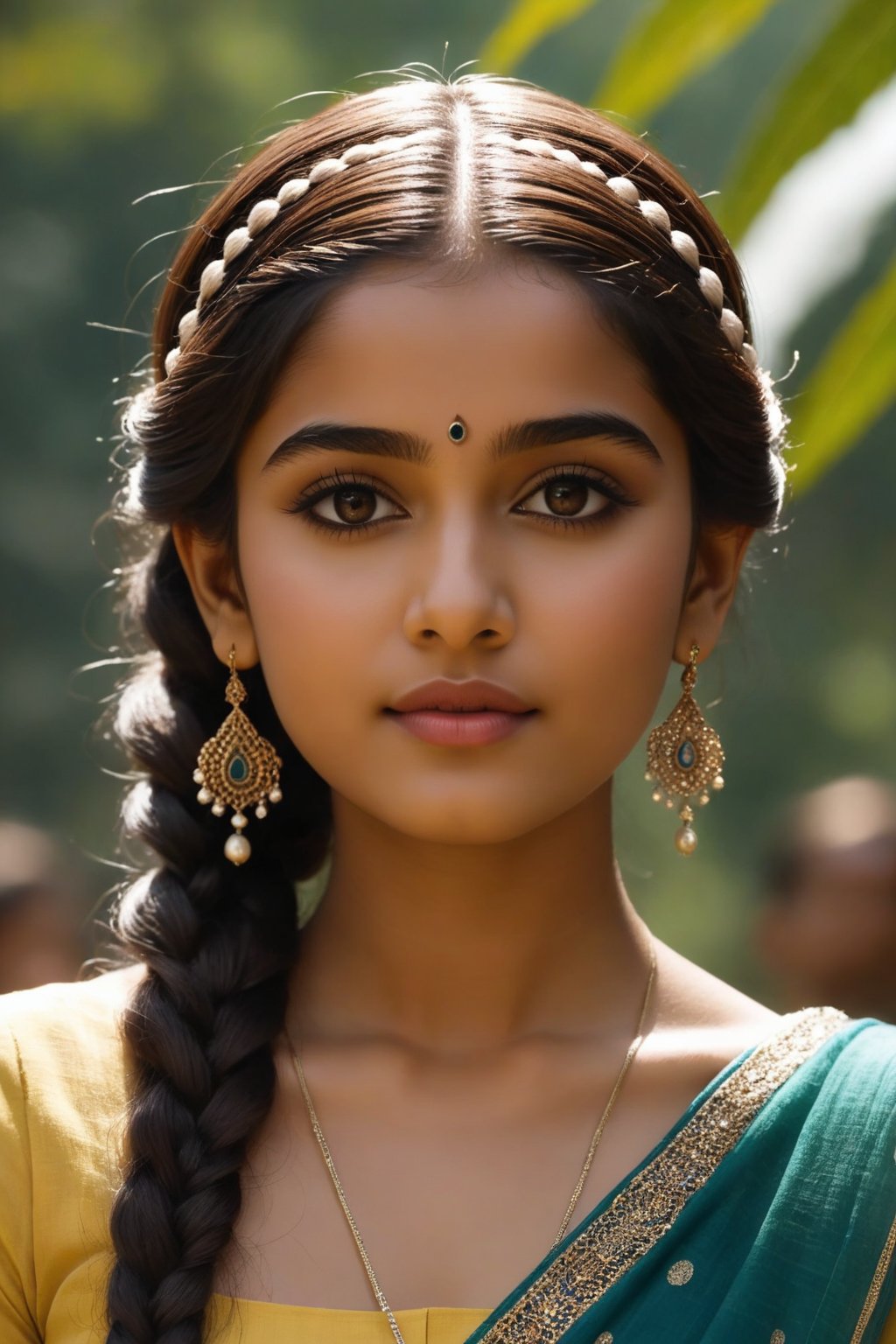 A breathtakingly beautiful 18-year-old girl named Anikha, who is the epitome of elegance and charm. She stands out as the central focus of this ultra-detailed, 8K resolution masterpiece with a perfect score of 9 and a UHD rating of 1.3. Her delicate facial features are captured with a stunning realism that's amplified by a majestic score of 1.5, making her appear as if she's stepped out of a high-definition dream. Her skin glows with a soft blush, perfectly accentuating her detailed, natural beauty. Her eyes, a rich brown, are filled with a blissful vibe, reflecting the cinematic lighting that surrounds her. They are so realistic and sharp that they seem to hold secrets of the universe within them. The exquisite twin braids of her long, shining hair are adorned with a hair ornament that adds an extra touch of elegance to her already flawless look. The background, a canvas of blurred perfection with a score of 1.7 for background blur, showcases an intricate peacock feather design that complements the overall aesthetic without overwhelming the main subject.