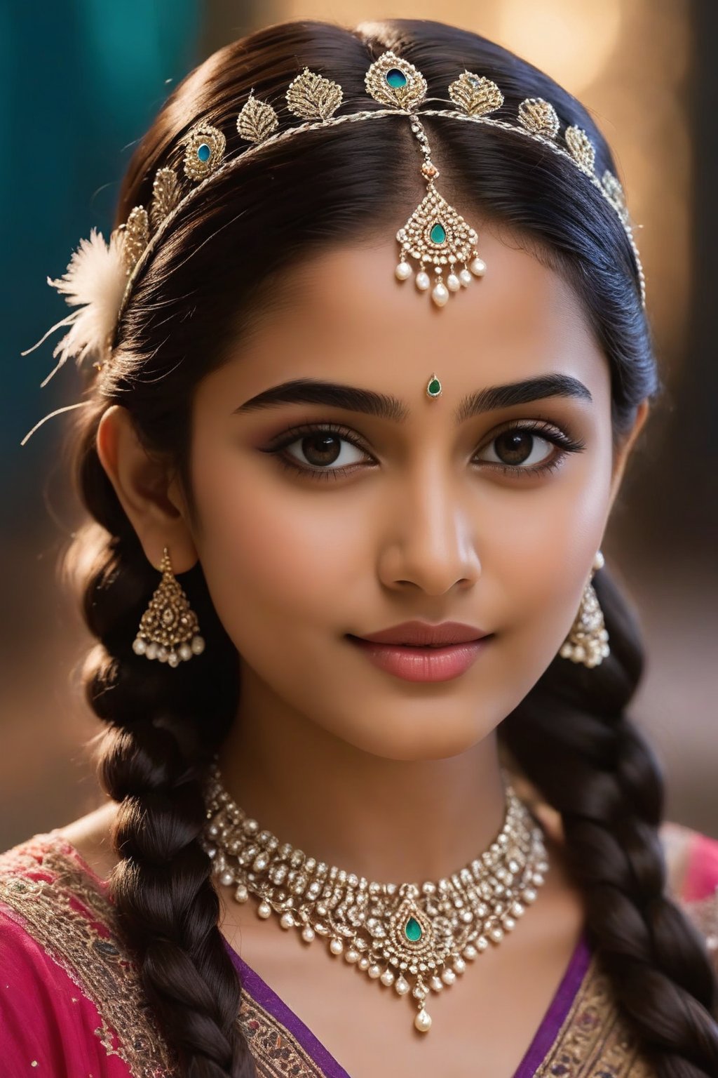 A breathtakingly beautiful 18-year-old girl named Anikha, who is the epitome of elegance and charm. She stands out as the central focus of this ultra-detailed, 8K resolution masterpiece with a perfect score of 9 and a UHD rating of 1.3. Her delicate facial features are captured with a stunning realism that's amplified by a majestic score of 1.5, making her appear as if she's stepped out of a high-definition dream. Her skin glows with a soft blush, perfectly accentuating her detailed, natural beauty. Her eyes, a rich brown, are filled with a blissful vibe, reflecting the cinematic lighting that surrounds her. They are so realistic and sharp that they seem to hold secrets of the universe within them. The exquisite twin braids of her long, shining hair are adorned with a hair ornament that adds an extra touch of elegance to her already flawless look. The background, a canvas of blurred perfection with a score of 1.7 for background blur, showcases an intricate peacock feather design that complements the overall aesthetic without overwhelming the main subject.