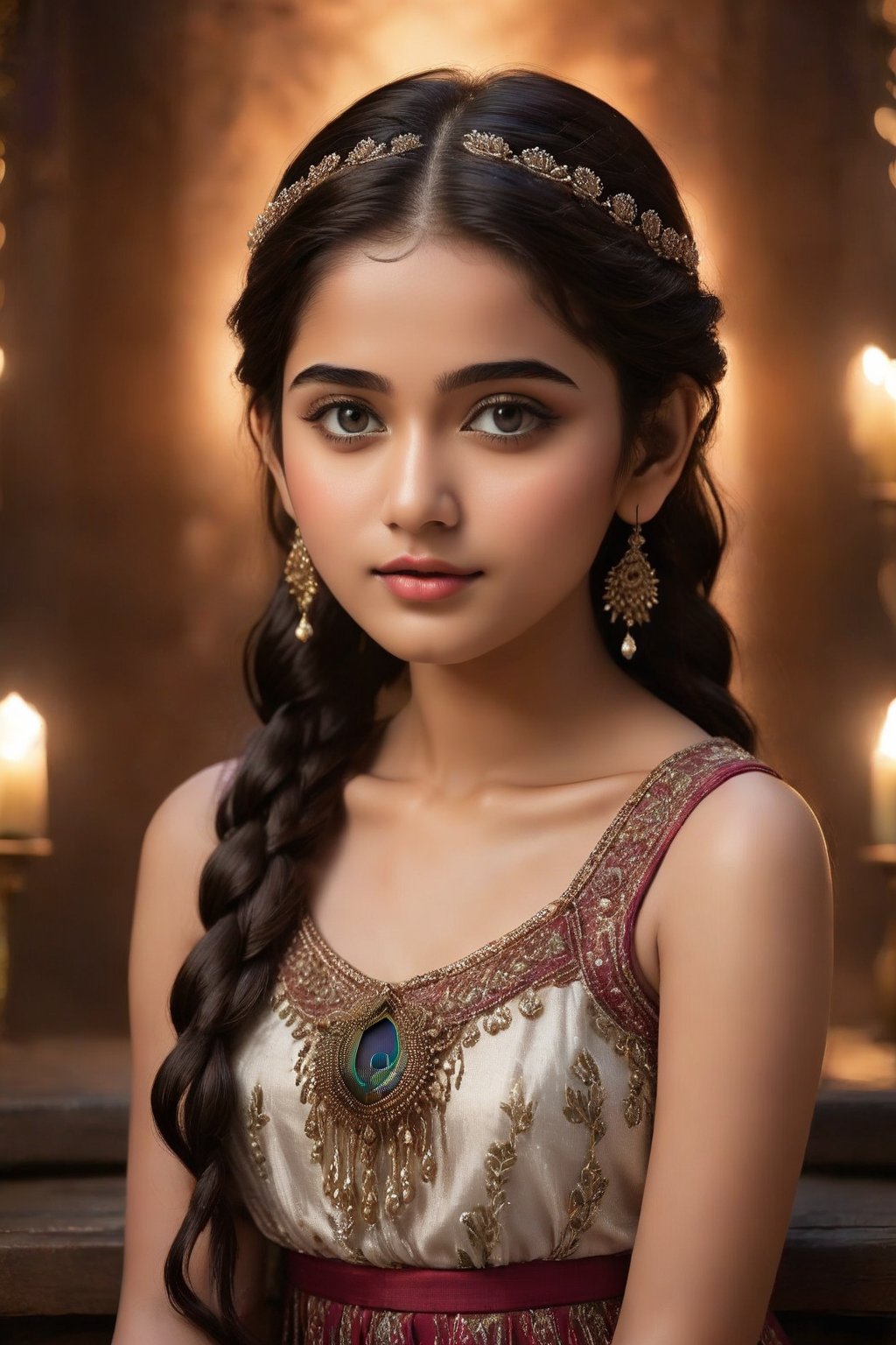 A breathtakingly beautiful 18-year-old girl named Anikha, who is the epitome of elegance and charm. She stands out as the central focus of this ultra-detailed, 8K resolution masterpiece with a perfect score of 9 and a UHD rating of 1.3. Her delicate facial features are captured with a stunning realism that's amplified by a majestic score of 1.5, making her appear as if she's stepped out of a high-definition dream. Her skin glows with a soft blush, perfectly accentuating her detailed, natural beauty. Her eyes, a rich brown, are filled with a blissful vibe, reflecting the cinematic lighting that surrounds her. They are so realistic and sharp that they seem to hold secrets of the universe within them. The exquisite twin braids of her long, shining hair are adorned with a hair ornament that adds an extra touch of elegance to her already flawless look. The background, a canvas of blurred perfection with a score of 1.7 for background blur, showcases an intricate peacock feather design that complements the overall aesthetic without overwhelming the main subject.