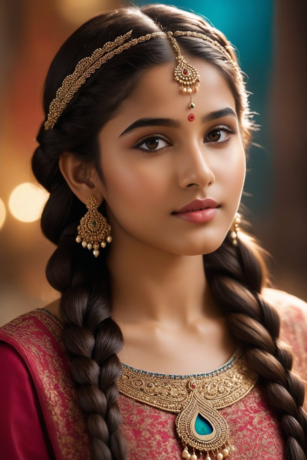 A breathtakingly beautiful 18-year-old girl named Anikha, who is the epitome of elegance and charm. She stands out as the central focus of this ultra-detailed, 8K resolution masterpiece with a perfect score of 9 and a UHD rating of 1.3. Her delicate facial features are captured with a stunning realism that's amplified by a majestic score of 1.5, making her appear as if she's stepped out of a high-definition dream. Her skin glows with a soft blush, perfectly accentuating her detailed, natural beauty. Her eyes, a rich brown, are filled with a blissful vibe, reflecting the cinematic lighting that surrounds her. They are so realistic and sharp that they seem to hold secrets of the universe within them. The exquisite twin braids of her long, shining hair are adorned with a hair ornament that adds an extra touch of elegance to her already flawless look. The background, a canvas of blurred perfection with a score of 1.7 for background blur, showcases an intricate peacock feather design that complements the overall aesthetic without overwhelming the main subject.