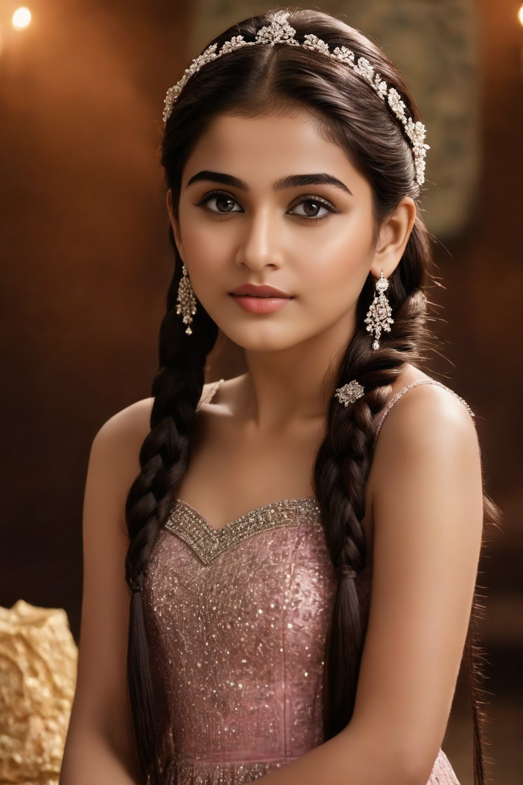 A breathtakingly beautiful 18-year-old girl named Anikha, who is the epitome of elegance and charm. She stands out as the central focus of this ultra-detailed, 8K resolution masterpiece with a perfect score of 9 and a UHD rating of 1.3. Her delicate facial features are captured with a stunning realism that's amplified by a majestic score of 1.5, making her appear as if she's stepped out of a high-definition dream. Her skin glows with a soft blush, perfectly accentuating her detailed, natural beauty. Her eyes, a rich brown, are filled with a blissful vibe, reflecting the cinematic lighting that surrounds her. They are so realistic and sharp that they seem to hold secrets of the universe within them. The exquisite twin braids of her long, shining hair are adorned with a hair ornament that adds an extra touch of elegance to her already flawless look. The background, a canvas of blurred perfection with a score of 1.7 for background blur, showcases an intricate peacock feather design that complements the overall aesthetic without overwhelming the main subject.