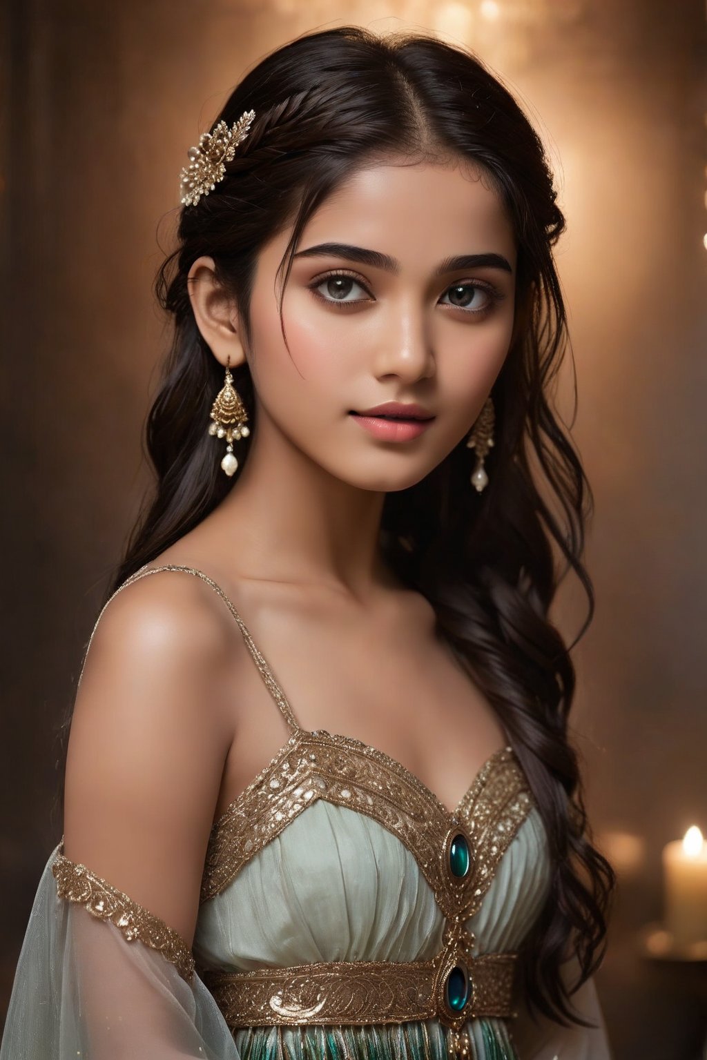 A breathtakingly beautiful 18-year-old girl named Anikha, who is the epitome of elegance and charm. She stands out as the central focus of this ultra-detailed, 8K resolution masterpiece with a perfect score of 9 and a UHD rating of 1.3. Her delicate facial features are captured with a stunning realism that's amplified by a majestic score of 1.5, making her appear as if she's stepped out of a high-definition dream. Her skin glows with a soft blush, perfectly accentuating her detailed, natural beauty. Her eyes, a rich brown, are filled with a blissful vibe, reflecting the cinematic lighting that surrounds her. They are so realistic and sharp that they seem to hold secrets of the universe within them. The exquisite twin braids of her long, shining hair are adorned with a hair ornament that adds an extra touch of elegance to her already flawless look. The background, a canvas of blurred perfection with a score of 1.7 for background blur, showcases an intricate peacock feather design that complements the overall aesthetic without overwhelming the main subject.