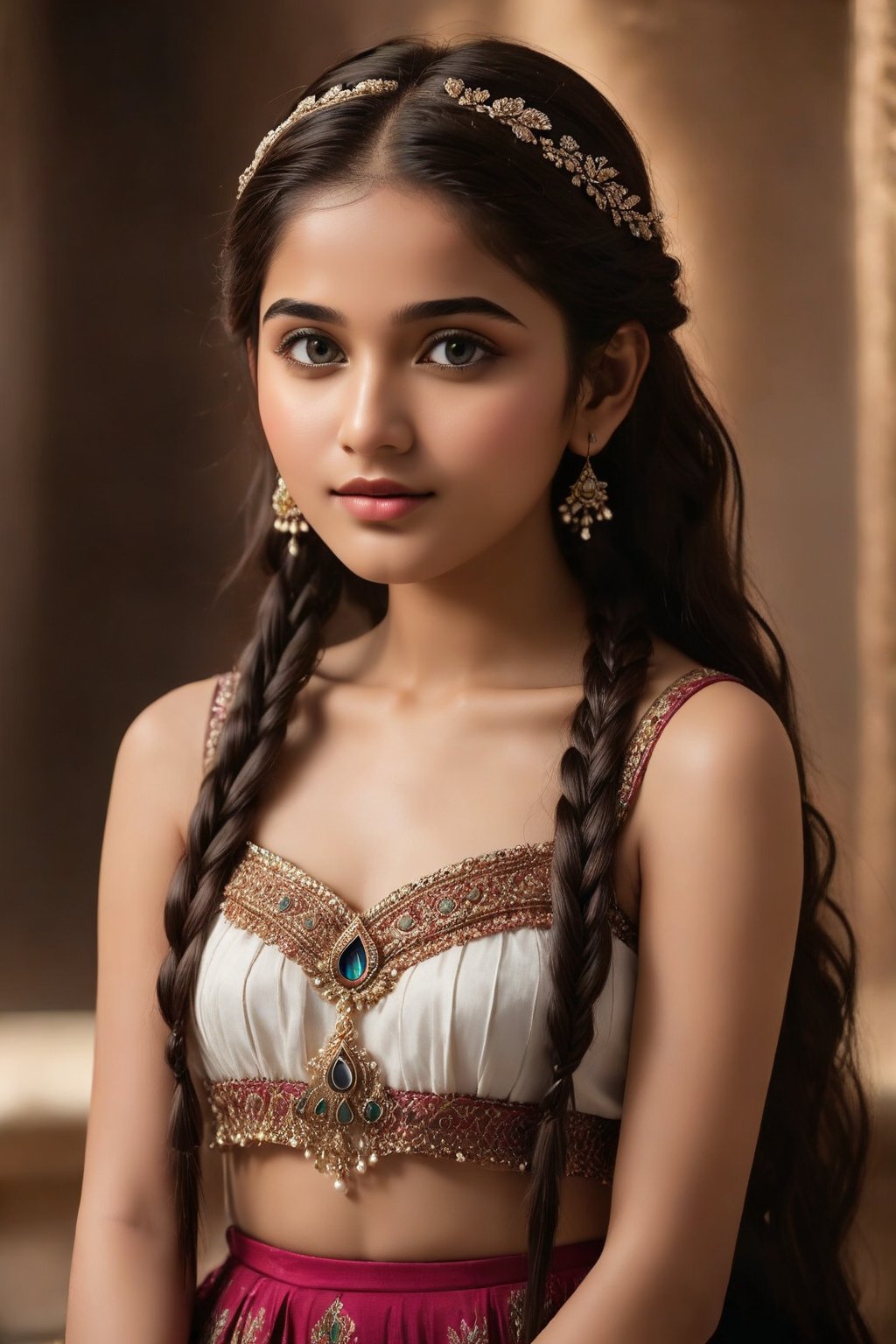 A breathtakingly beautiful 18-year-old girl named Anikha, who is the epitome of elegance and charm. She stands out as the central focus of this ultra-detailed, 8K resolution masterpiece with a perfect score of 9 and a UHD rating of 1.3. Her delicate facial features are captured with a stunning realism that's amplified by a majestic score of 1.5, making her appear as if she's stepped out of a high-definition dream. Her skin glows with a soft blush, perfectly accentuating her detailed, natural beauty. Her eyes, a rich brown, are filled with a blissful vibe, reflecting the cinematic lighting that surrounds her. They are so realistic and sharp that they seem to hold secrets of the universe within them. The exquisite twin braids of her long, shining hair are adorned with a hair ornament that adds an extra touch of elegance to her already flawless look. The background, a canvas of blurred perfection with a score of 1.7 for background blur, showcases an intricate peacock feather design that complements the overall aesthetic without overwhelming the main subject.