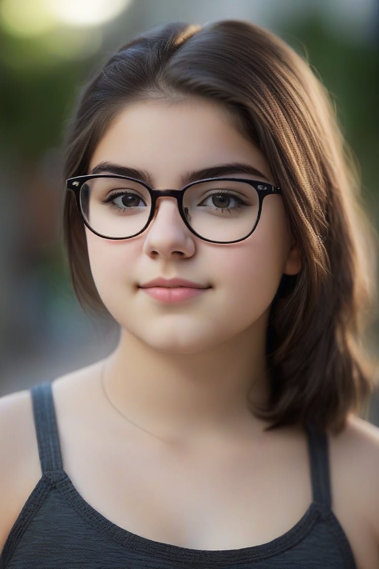 al3x girl, 16 years old, face focus, professional portrait, chubby, black glasses, dark brown hair, detailed face, facial expression, kind, soft eyes, head tilt, smile, realistic skin texture, facing viewer, low cut sleeveless top, midriff, natural light, shallow depth of field, bokeh,mhighly detailed, realistic