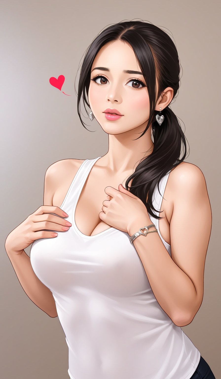 1girl, solo, long hair, breasts, looking at viewer, shirt, black hair, jewelry, upper body, ponytail, heart, earrings, bracelet, lips, tank top, hand on own chest, shocking reaction, realistic, photo background