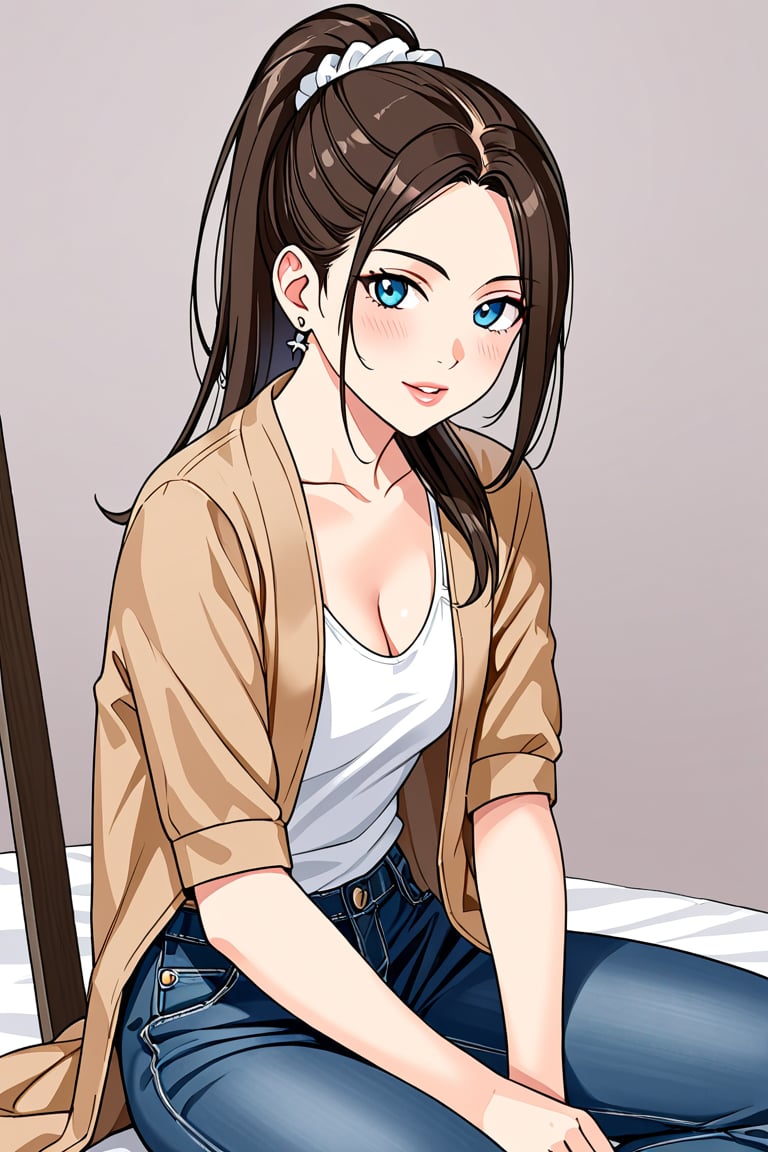 A young girl with long, brown hair styled in a high ponytail and adorned with shiny earrings, sits confidently looking straight into the camera. Her bright blue eyes sparkle as she smizes, her lips curled up slightly. She wears a white tank top with a denim jacket slung over her shoulder, paired with high-waisted blue jeans that create a flattering silhouette against the neutral photo background. A scrunchie adds a pop of color to her ponytail, while delicate jewelry adorns her neck and ears. Her gaze is direct and engaging, drawing the viewer in.