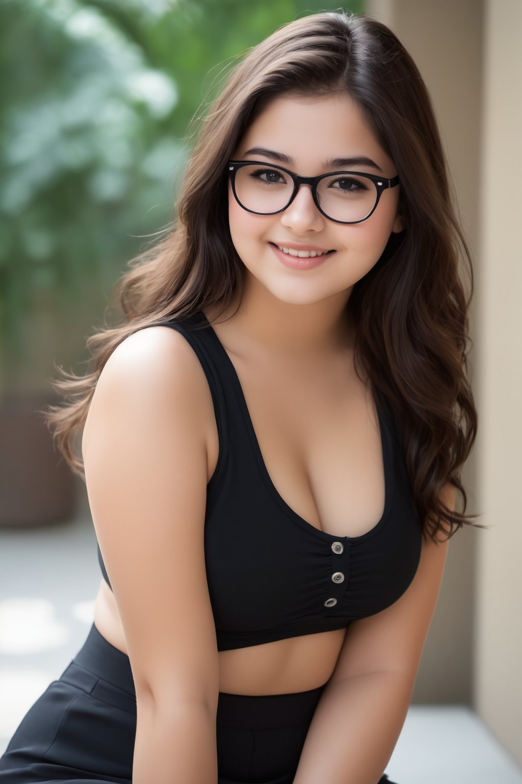 A 16-year-old girl, camera's focus is on her full body, showcasing her chubby cheeks, normal chubby sexy body, Long dark brown hair. She wears black glasses perched on the end of her nose, adding a touch of sophistication to her kind smile. The low-cut sleeveless top reveals her midriff, drawing attention to her natural beauty. Natural light, the girl's skin texture appears realistic and detailed.