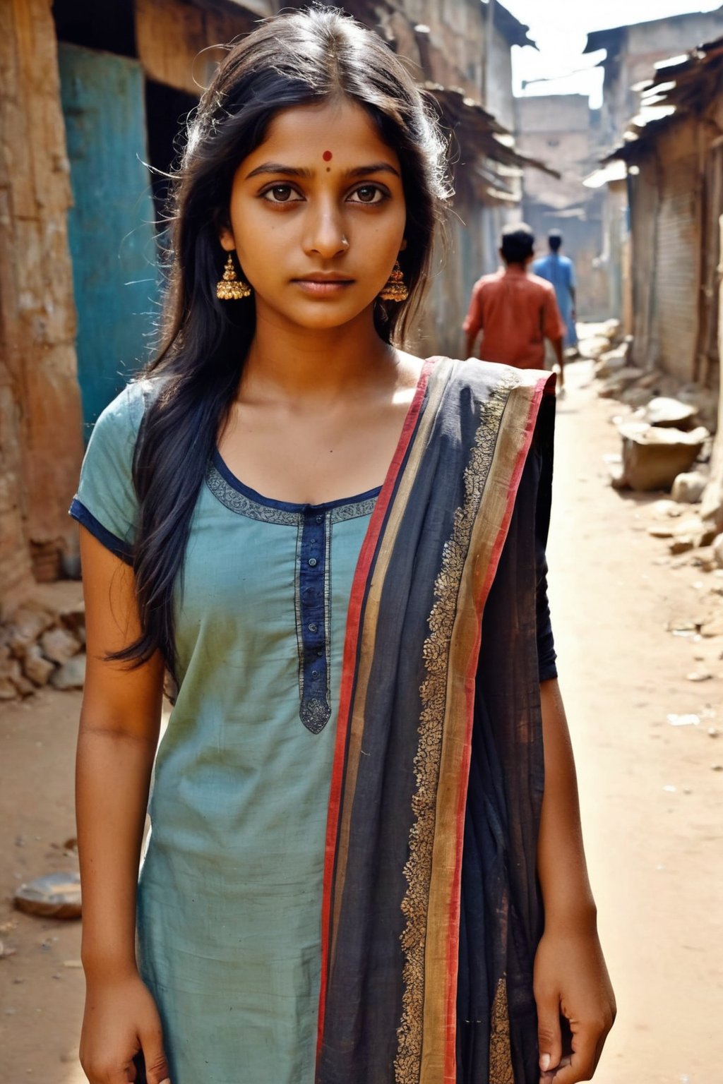 low quality old photo, indain 1girl as dirty beggar, 170cm height, long black hair ,wearing  Torn old indian salwar suit , front facing, walking towards viewer, backstreet indian slums as background, fierce look, low angle, no makeup, barefaced, freckles,  black hair, wearing old cheap  salwar suit, rugged faded  salwar suit,  indian beauty style, frontlight,Brown tone Beauty,Mallu girl,Indian