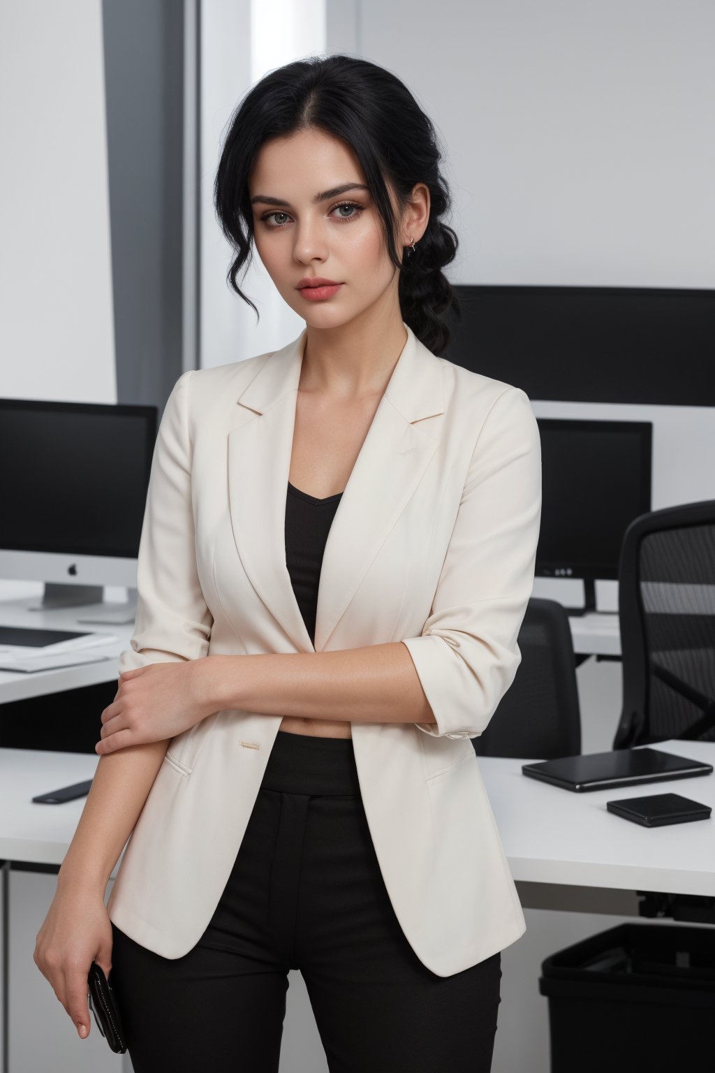 22 year old girl, solo, looking at viewer, blue eyes, black straight hair, closed mouth, artist name, lips, white shirt, black blazer, realistic, perfect hairstyle, office_lady, office, office dress, standing, 