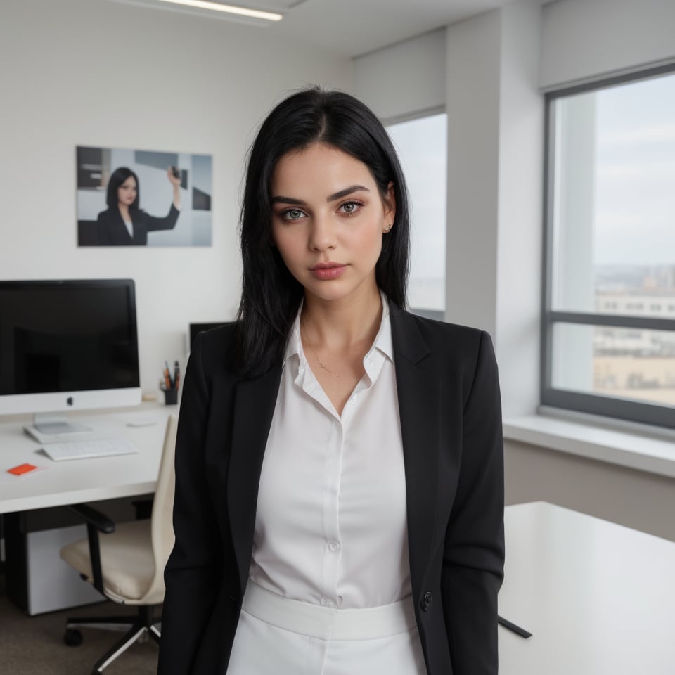 22 year old girl, solo, looking at viewer, blue eyes, black straight hair, closed mouth, artist name, lips, white shirt, black blazer, realistic, perfect hairstyle, office_lady, office, office dress, standing, looking straight,