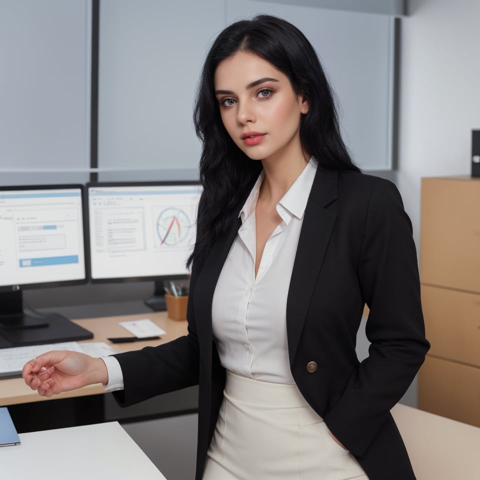 22 year old girl, solo, looking at viewer, blue eyes, black straight hair, closed mouth, artist name, lips, white shirt, black blazer, realistic, perfect hairstyle, office_lady, office, office dress, standing, looking straight, half body, attention position,