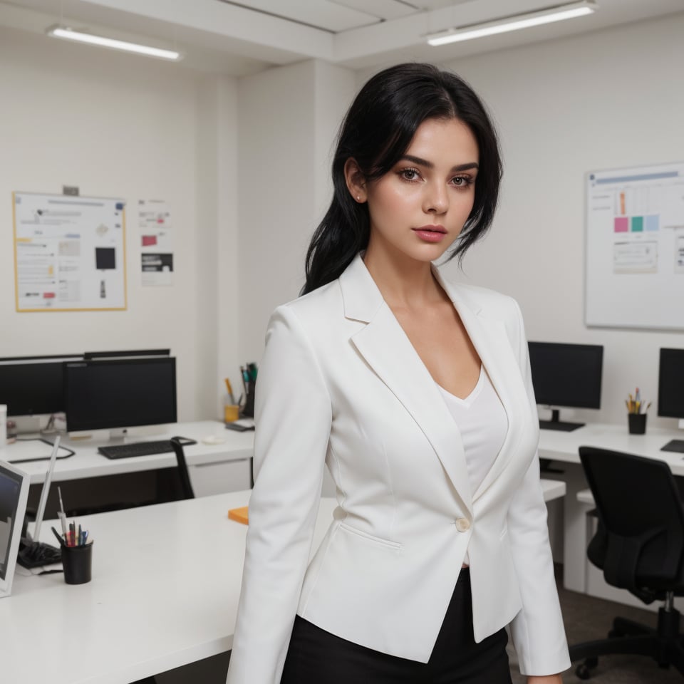 22 year old girl, solo, looking at viewer, blue eyes, black straight hair, closed mouth, artist name, lips, white shirt, black blazer, realistic, perfect hairstyle, office_lady, office, office dress, standing, looking straight, half body,