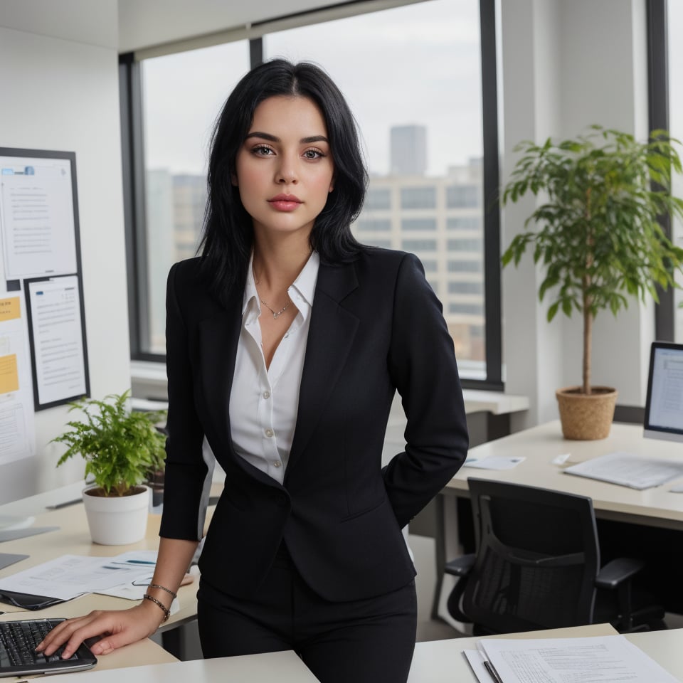 22 year old girl, solo, looking at viewer, blue eyes, black straight hair, closed mouth, artist name, lips, white shirt, black blazer, realistic, perfect hairstyle, office_lady, office, office dress, standing, 