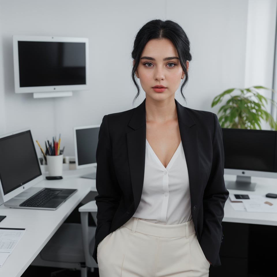 22 year old girl, solo, looking at viewer, blue eyes, black straight hair, closed mouth, artist name, lips, white shirt, black blazer, realistic, perfect hairstyle, office_lady, office, office dress, standing, looking straight, half body, attention position,