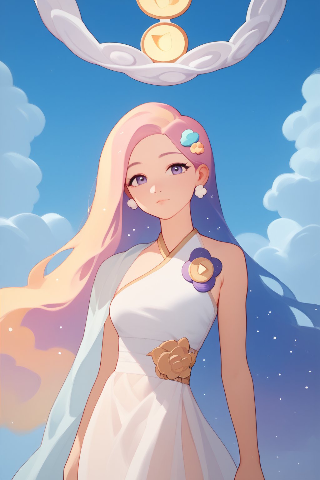 Score_9, Score_8_up, Score_7_up, Score_6_up, Score_5_up, Score_4_up, 1girl, clothes from the sky, ((sky culture)), (sky themed hair), (clouds hair ornaments), sky eyes, (sky clothes), looking at viewer, (elegant warrior clothes, expensive), ((traditional clothes)), ((see through clothes)), ((teenager)), (sky patterns on dress), (ethereal hair), sky jewerly, pose, (cowboy shot), ((luminance)), ((ethereal sky)), upper body, ((cute face))