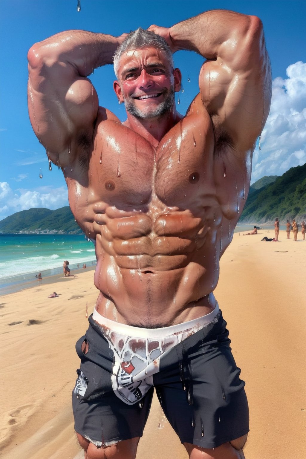 ((realistic)) ,65 years old, 185cm, 115kg, 15% body fats, handsome, man , bodybuilder,tan_body, large_muscles,((sweating)), beach, outdoor, pantsless, red_tanga,dark_skin, smile, mature, ((sweat_drops)), sweat, body_hair, grey_hair,furry,wet_body,dirty_body,chubby, bulgeJ8,Rodrigo Cavalcanti