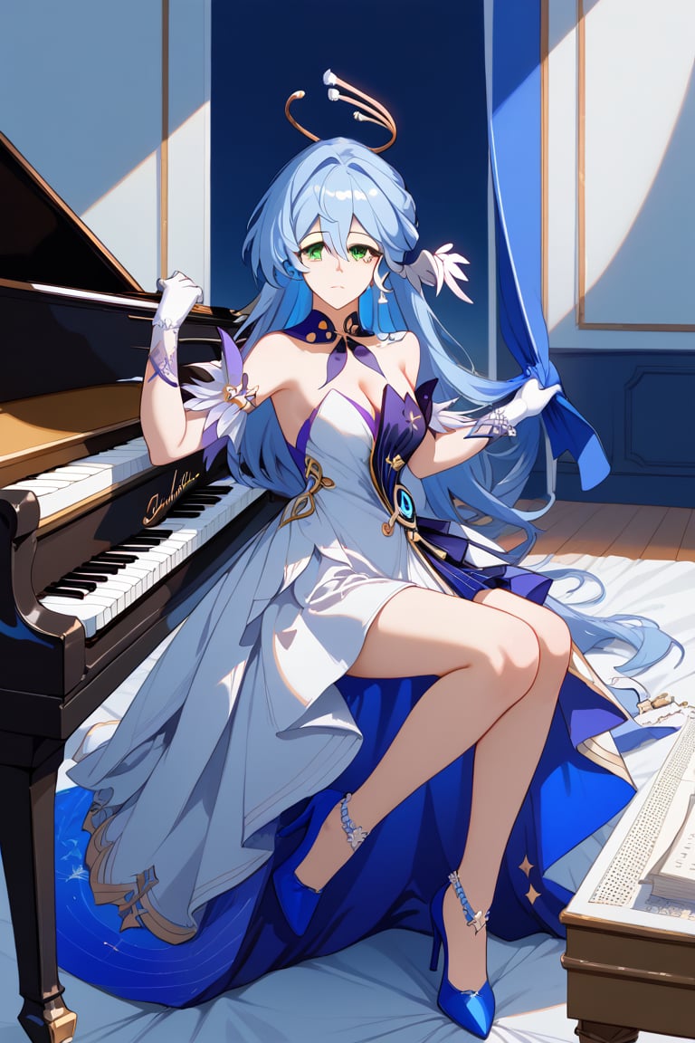 robin \(honkai: star rail\), 1girl, solo, long hair, looking at viewer, sing, halo, bangs, gloves, dress, cleavage, hair between eyes, jewelry, green eyes, blue hair, full body, flower, earrings, indoors, white gloves, white dress, high heels, rose, blue footwear, music backgound, piano, sheet music around