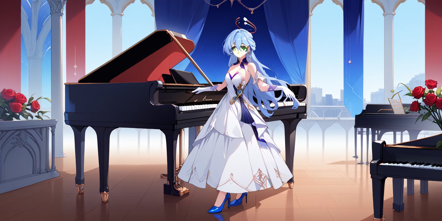 robin \(honkai: star rail\), 1girl, solo, long hair, looking at viewer, sing, bangs, gloves, dress, cleavage, hair between eyes, jewelry, standing, green eyes, blue hair, full body, flower, earrings, indoors, white gloves, white dress, high heels, rose, halo, instrument, blue footwear, music backgound, piano, behind sheet music, source_anime